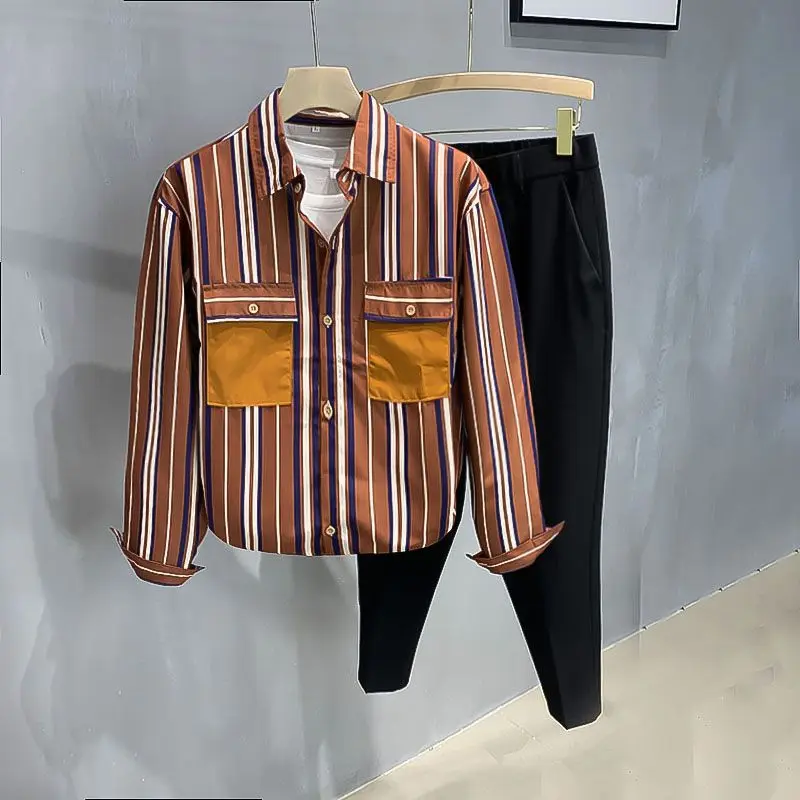Fashion Color-blocking Striped Men New Splicing Square Collar Button Pockets Loose and Versatile Casual Long-sleeved Shirts