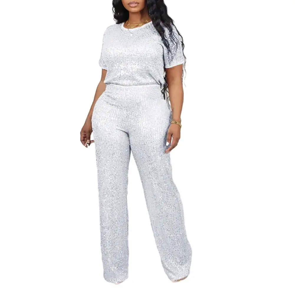 Women Suit Sequin Shiny Women's Top Pants Set with Round Neck Short Sleeves High Elastic Waist Wide Leg Straight Trousers 2