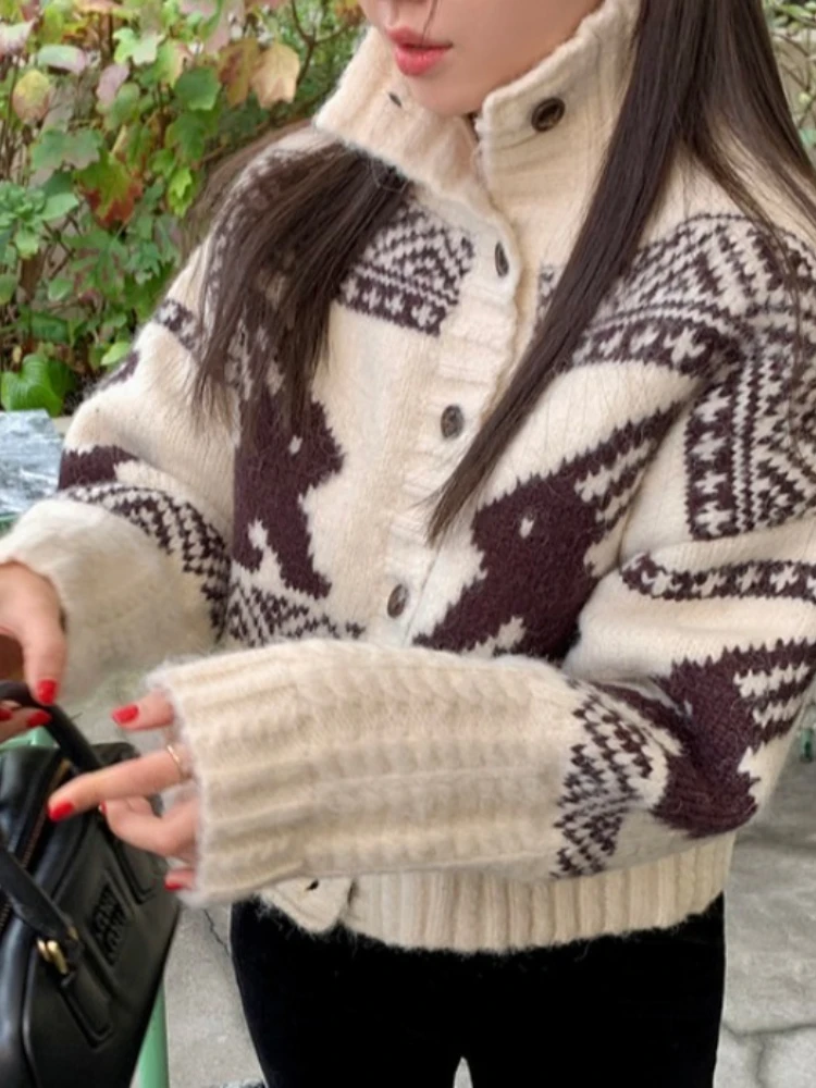 

Korobov Korean Ins Turtleneck Long Sleeve Cartoon Jacquard Single Breasted Knitted Cardigan