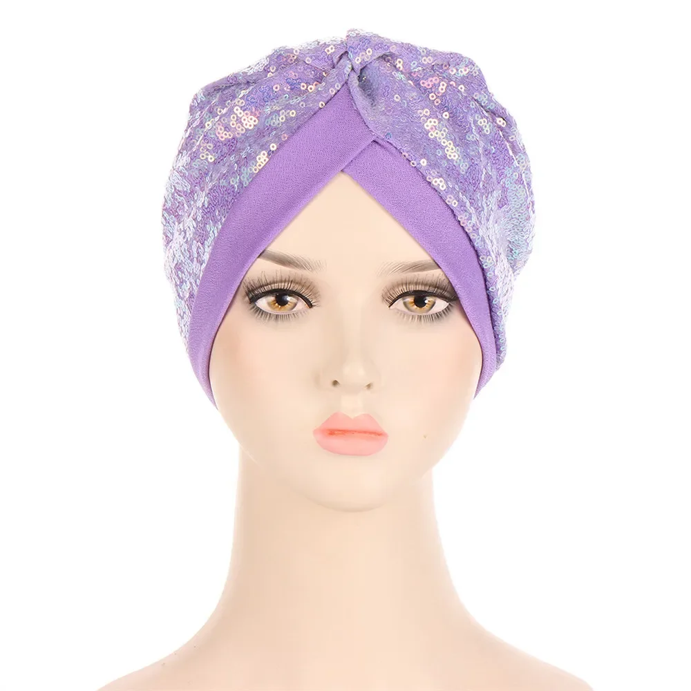 Shiny Glitter Sequins Women Muslim Hijab Chemo Caps Bonnet Headwear Wrap Cancer Hair Loss Hats Beanies Femme Turbante Soid Color