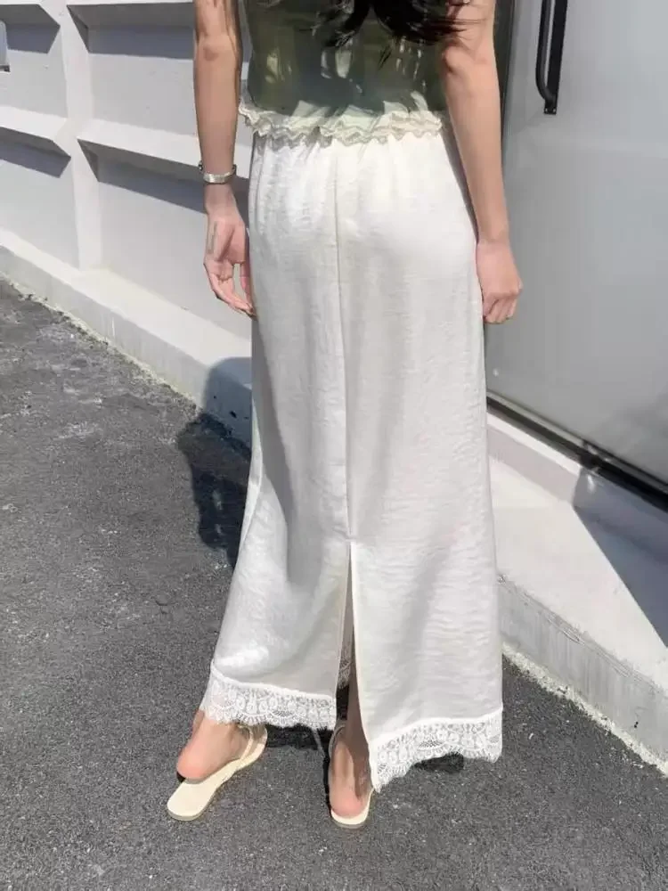 

Korean Version High Waist Temperament Vacation Pleated Half Skirt Clothing Spring Summer Women Patchwork Lace Elegant Long Skirt