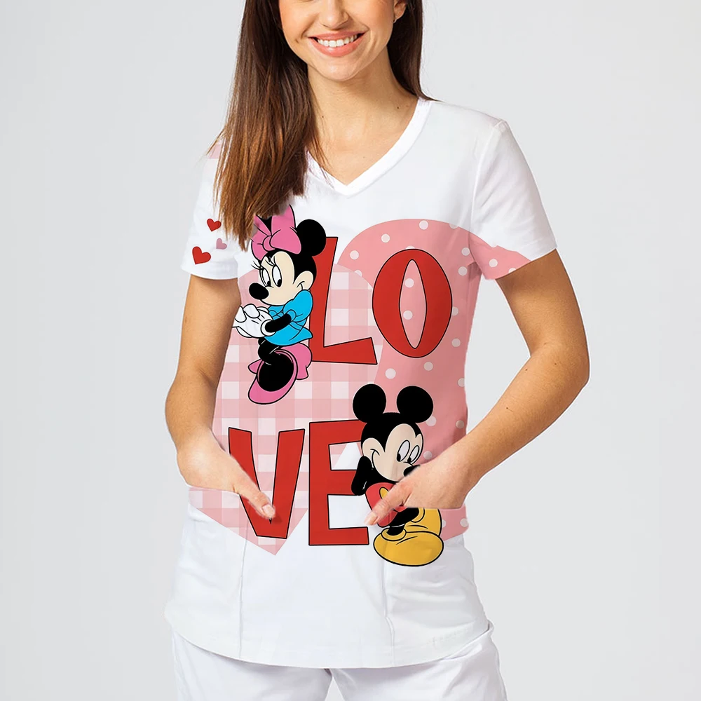 

New short sleeved Disney cartoon pattern printed leisure women's top comfortable lightweight distinctive designed v-neck T-shirt