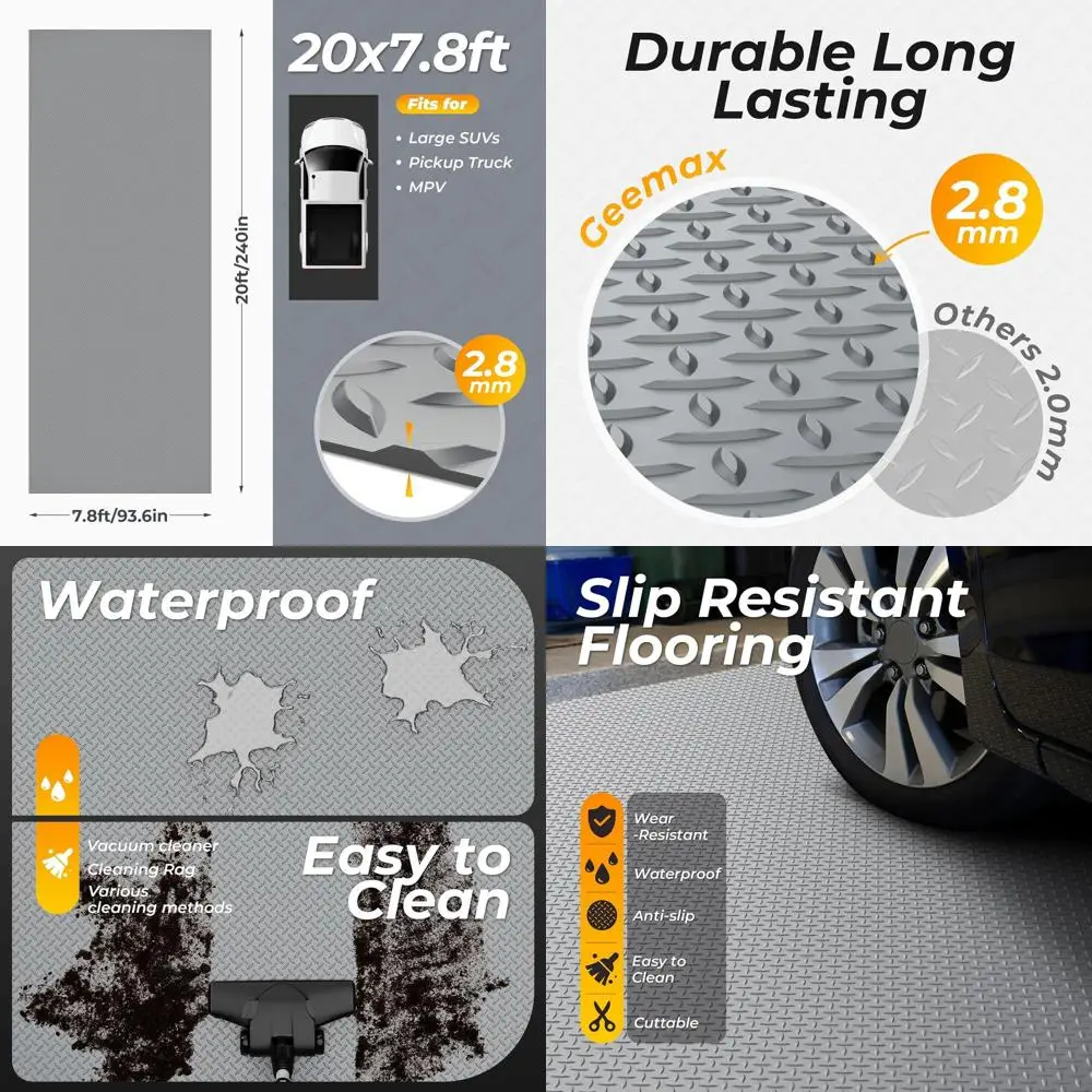

7.8x20ft Thick Diamond Plate Vinyl Garage Floor Mat for Large Vehicles & SUVs