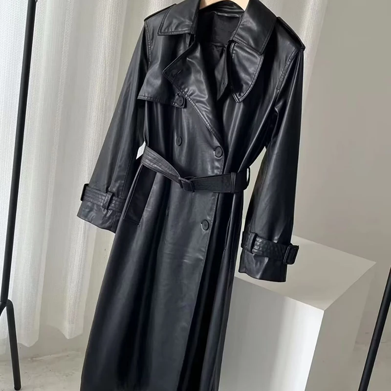 Spring Autumn Oversized Cool Black Long Leather Trench Coat for Women Belt Long Sleeve Loose European Fashion 2024