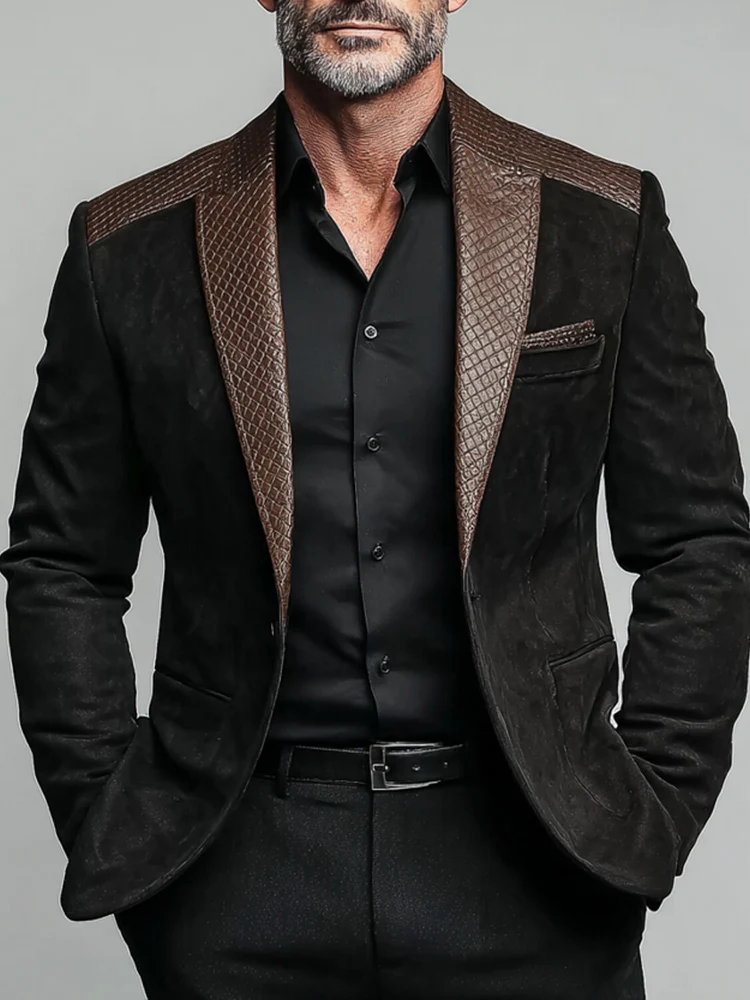 

Men's Elegant Suede Pu Leather Patchwork Blazer Jacket Lapel Long Sleeve Single-breasted Business Multiple Pockets Suit Blazers