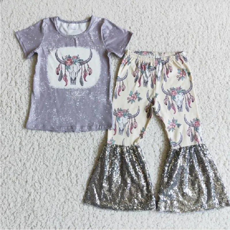 

New Summer popular Kids Girl hot sale grey bull's head print leopard Sequin Flare Pants Wholesale fashion Design Boutique Outfit