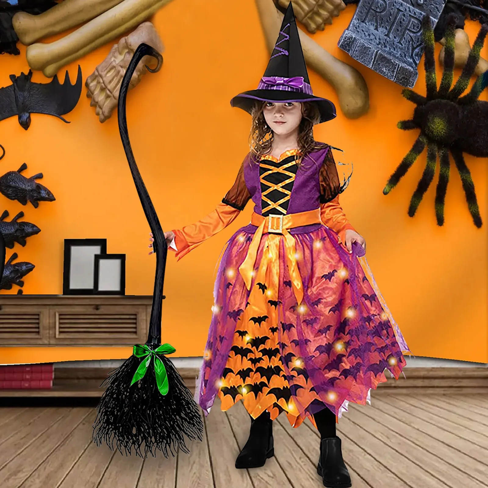 1pc 할로윈 장식 마녀 3 리본 비행 빗자루, 파티 댄스 의상 소품 마녀 빗자루 장식 내구성