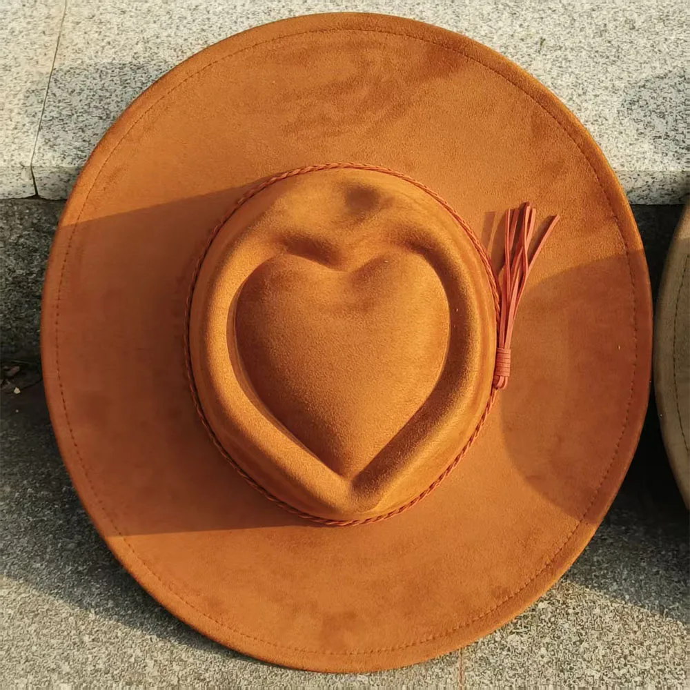 Sombrero de gamuza con corona de corazón personalizado, sombrero de gamuza fedora para mujer de ala ancha de 9,5 cm, sombrero de mujer al por mayor, sombrero panamá unisex, sombrero para hombre
