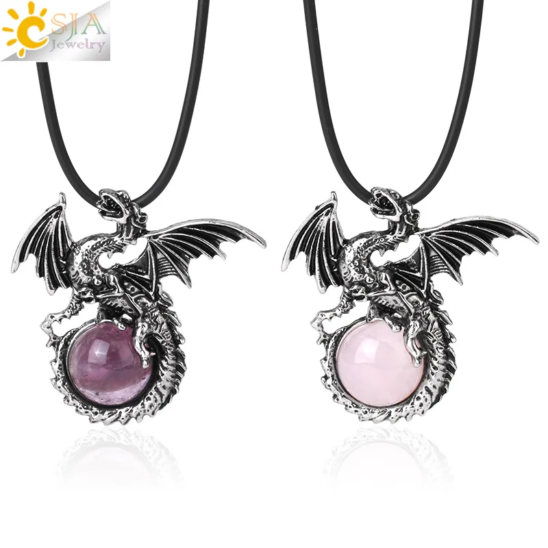 CSJA Vintage Wing Dragon Crystal Necklace for Men Women Natural Stone Round Gem Stone Crystals Obsidian Pendants  Jewelry H146