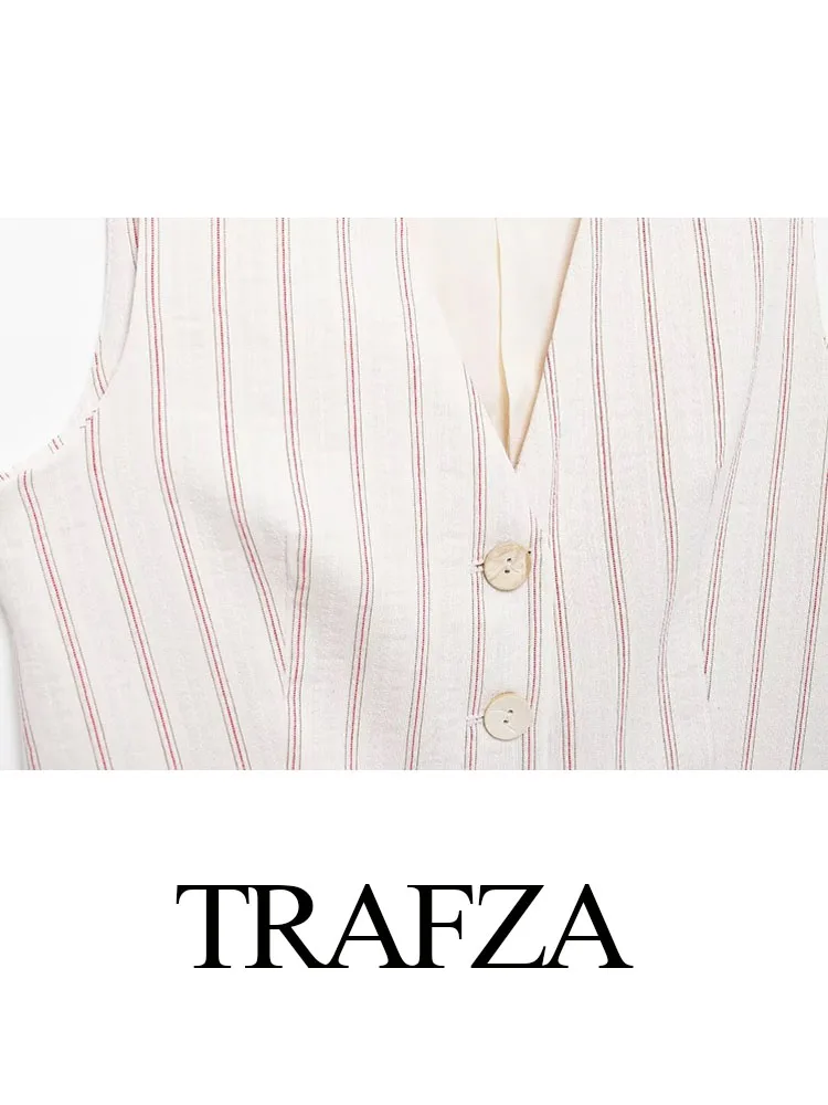 TRAFZA 2024 Women\'s Shorts Suit Chic Stripe V-Neck Buttons Decorate Sleeveless Vest Top+ With Belt Pockets Zipper Casual Shorts