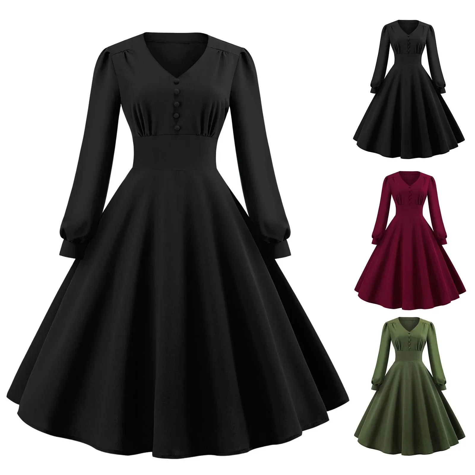 

Elegant Autumn Dress V-Neck Button Front High Waist Long Bishop Sleeve Women Clothes Green Solid Vintage Ladies Swing Dresses