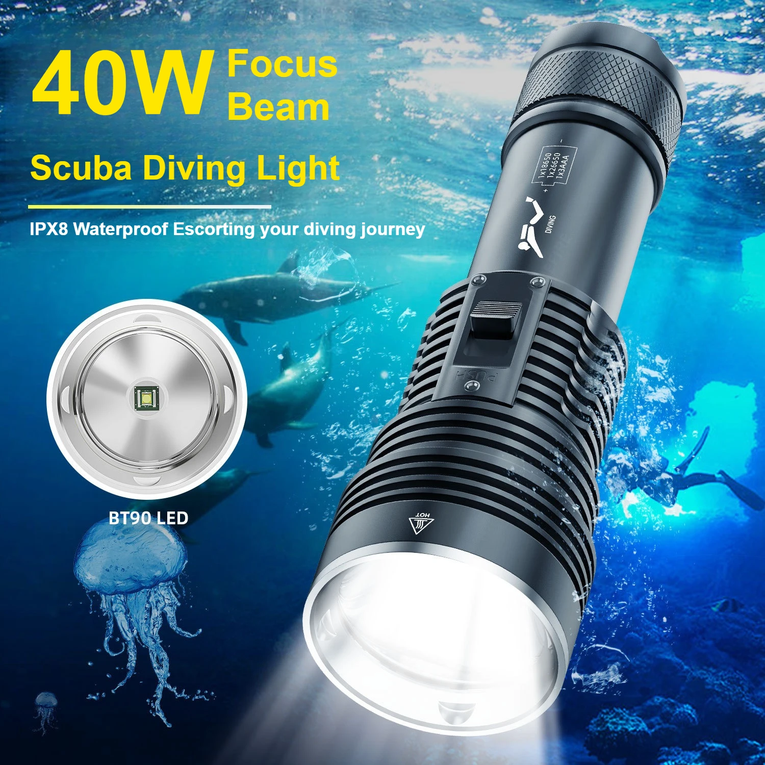 Full Aluminum 40W 2500LM Professional BT90 Chip Diving Flashlight IPX8 Waterproof LED Flashlights Powerful Scuba Diving Lantern