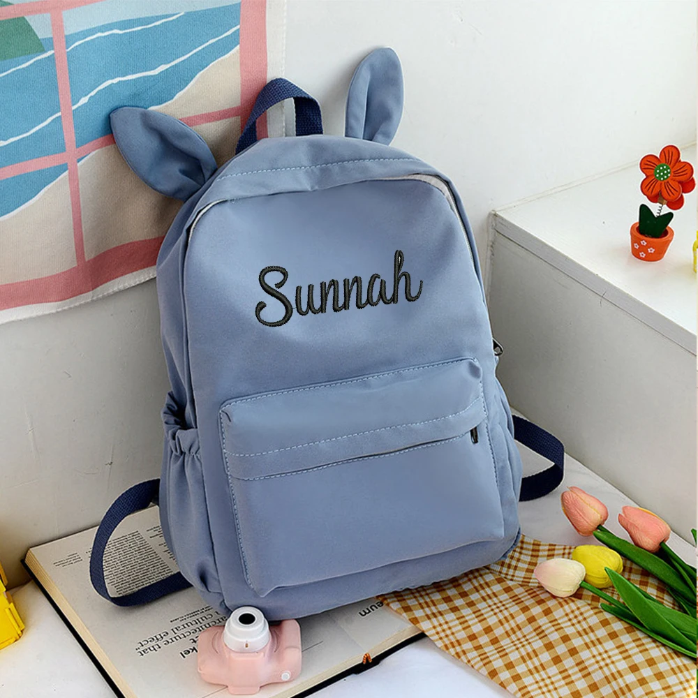 Custom Name Solid Color Rabbit School Student Backpack Embroidered Personalized Kids Fashion Large Capacity Schoolbags