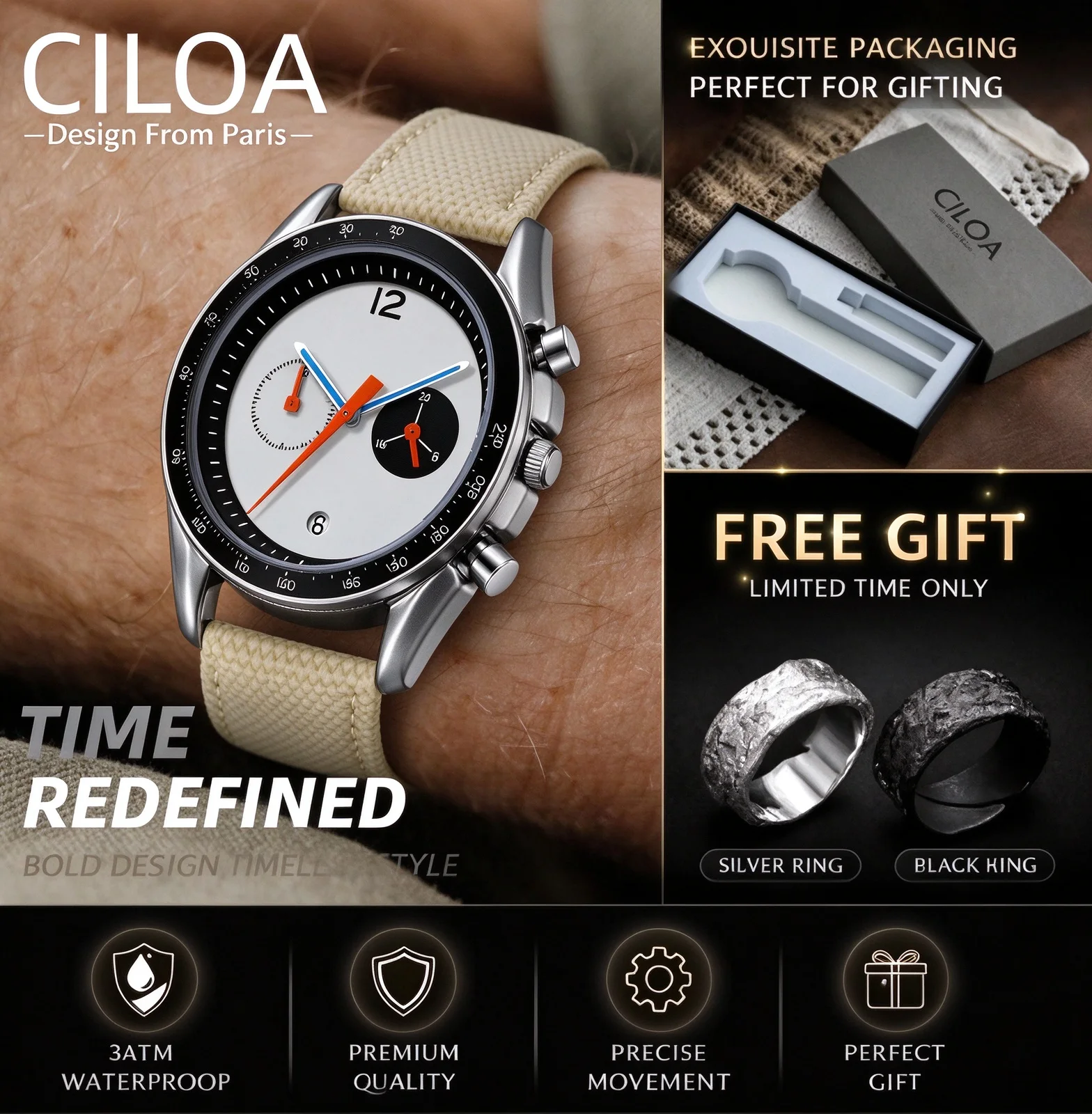 CILOA Vintage Racing Chronograph Men Watch Beige Leather Strap Sports Multifunctional Quartz Wristwatch Retro Old Money Style Business Casual Gift for Boyfriend