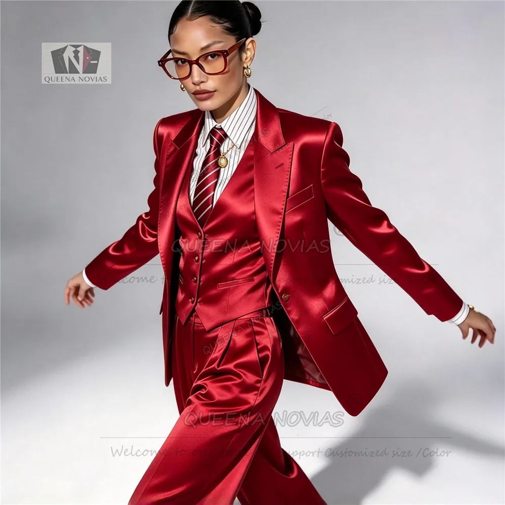 Elegant Women Suit Satin Single Breasted 3-Pieces Set Jacket+Vest+Pants Formal Business Evening Party Outfit костюм женский 2027