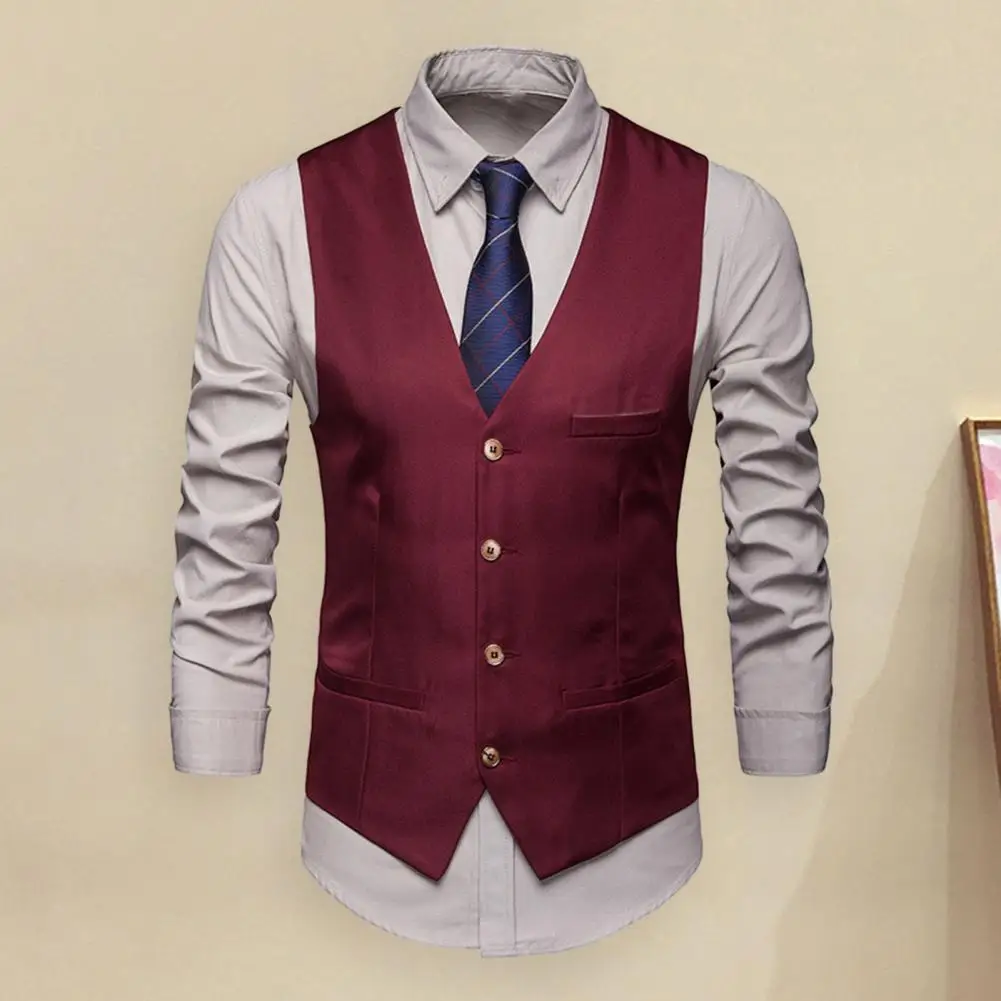 Chaleco con bolsillos para hombre, traje de negocios Formal, elegante, ajustado, cuello en V, atuendo para novio, boda u oficina