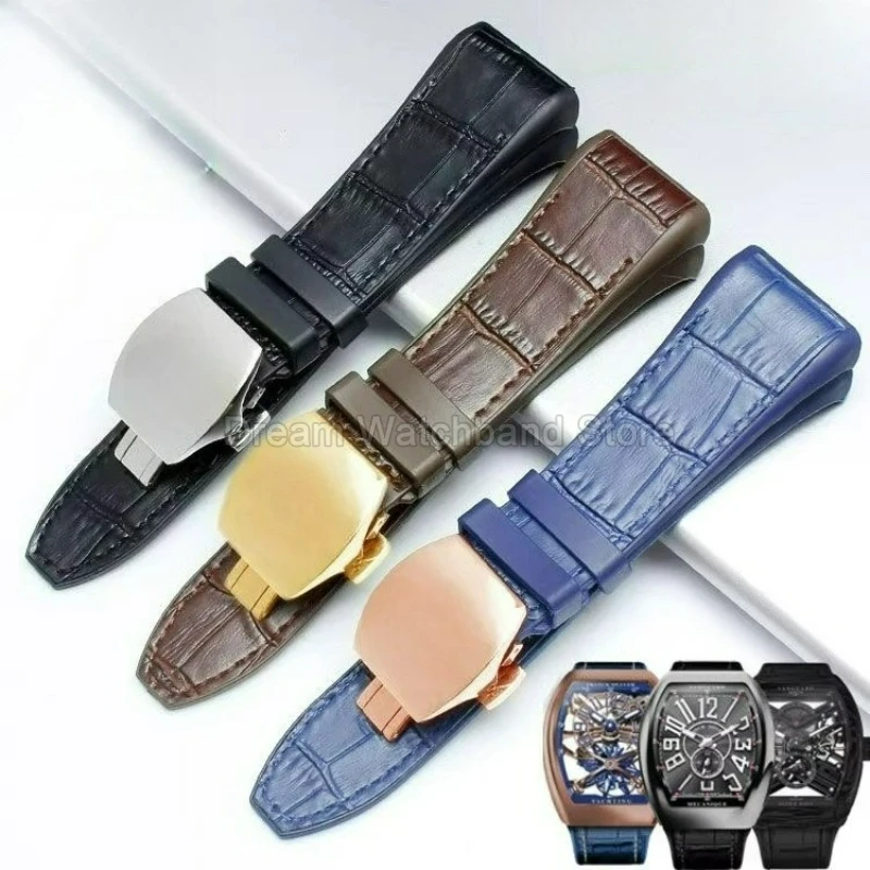 Correa de reloj de cuero genuino para Franck Muller Vanguard Yachting, resistente a los arañazos, hebilla de acero especial, resistente al agua y al sudor