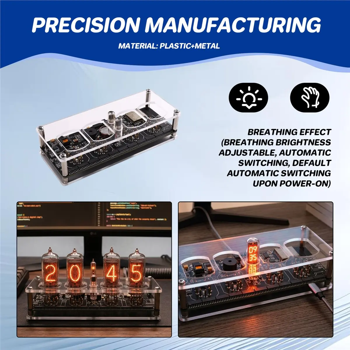 popop Nixie Clock Base Glow Tube WIFI Clock with Time Display 12H/24H W Temperature Remote Control Type-C Power