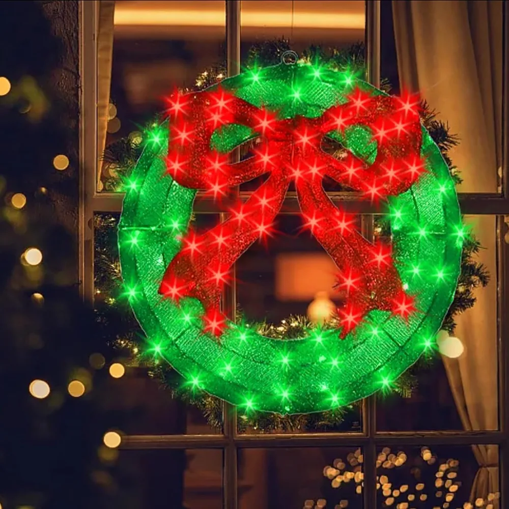 

Outdoor Christmas Wreath with LED Lights and Red Bow Large Lighted Wreath for Window Front Door Wall Decor