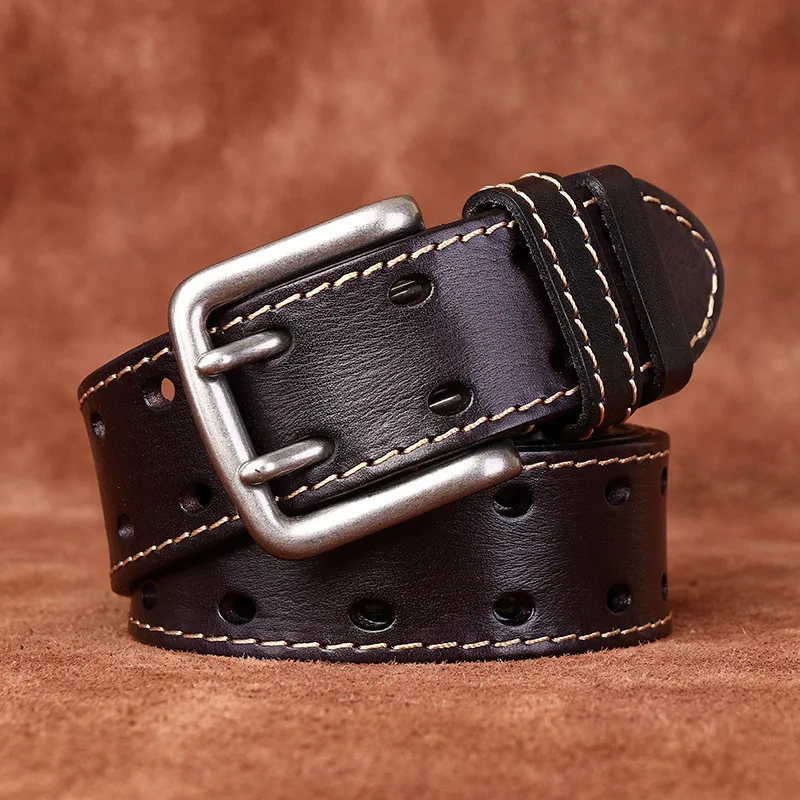 

Retro, Fashionable, Personalized, Trendy, Hundred Head Layer Cowhide Double Needle Buckle Belt, Men's Genuine Leather Jeans, Men