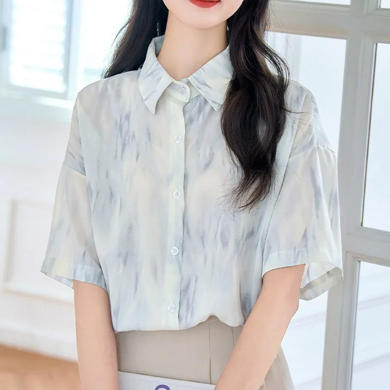 

Runway Summer Turn-Down Collar Short Sleeve Office Lady Print Casual Women's Wear High Quality Single Breasted Shirt
