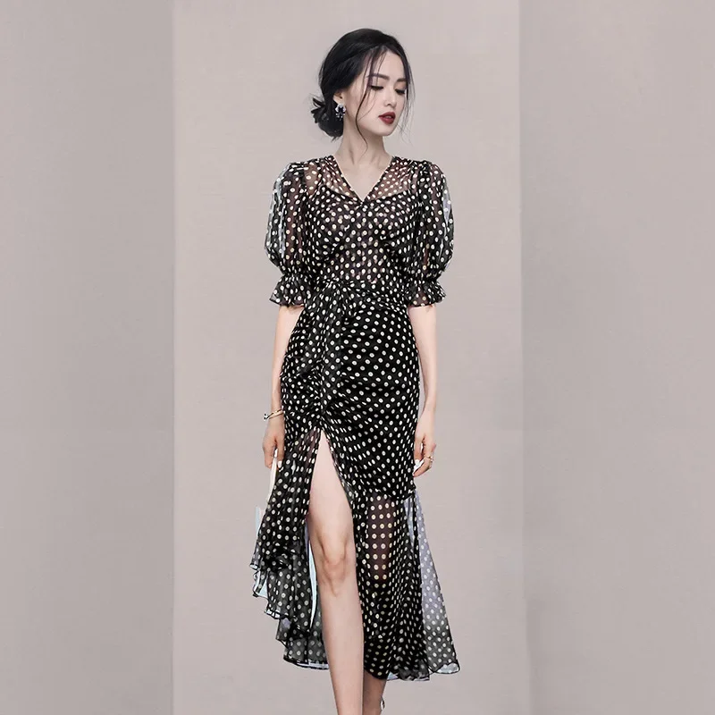 

Modern Dance Polka Dot Dresses Performance Stage Costume Drawstring Party Dresses Dance Wear Sexy Girl Carnaval Disfraces Outfit