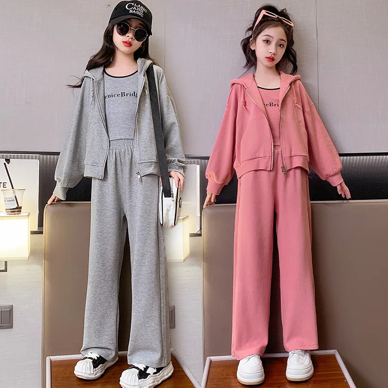 

Spring/Autumn New Girls Teenager Tracksuit Zipper Coats pink Jacket Hooded +Vest t-shirt + Traight Pants 3pcs Child Set 12 Year