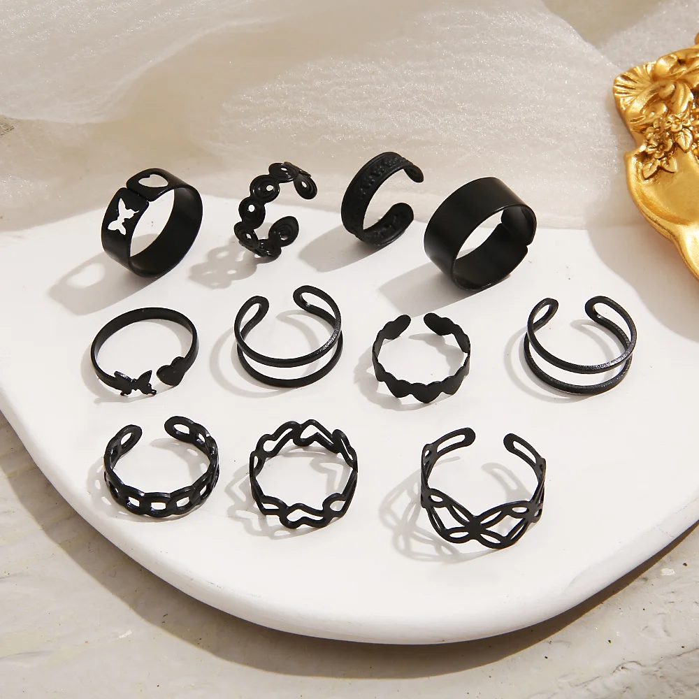 11pcs/set Hollow Heart Butterfly Rings Set For Women Vintage Metal Black Color Geometric Finger Ring 2023 Trendy Jewelry Gifts