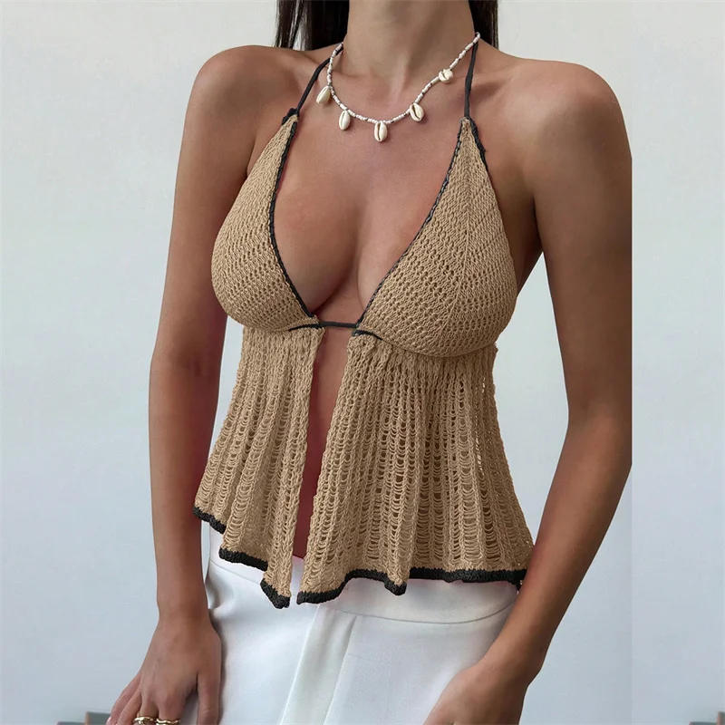 Women's Sexy Halter Lace-Up Knitting Bikini Cover up Beach  Crop Top Vest Brazilian Crochet Swimsuit Female Swimwear Camis