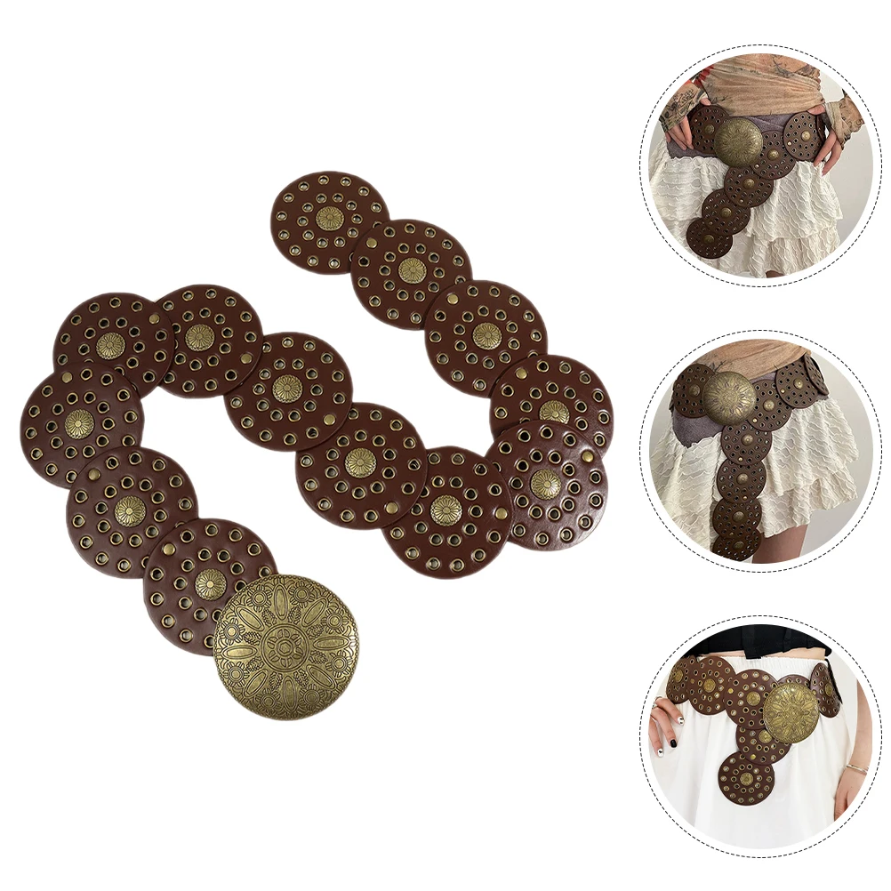 Cintura larga in metallo retrò Marrone Boho Disco Vita Concho Cowboy Donna Accessori robusti occidentali Decorazioni cave Fibbia in metallo