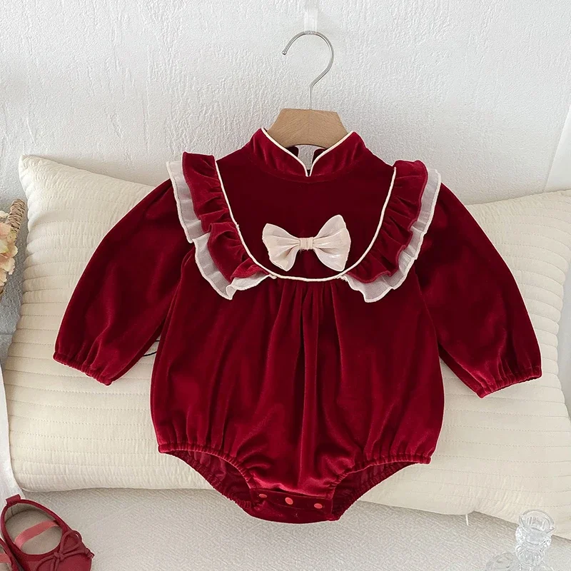 

Autumn Christmas Style Toddler Baby Girls Romper Long Sleeved Splicing Infant Baby Jumpsuit 0-24M Children Clothes