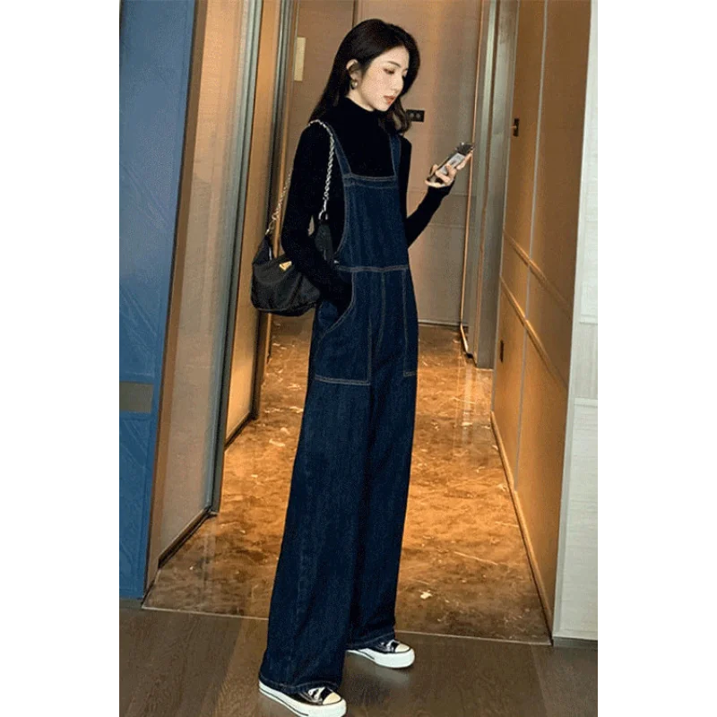 

Denim Overalls for Women Spring Autumn Casual Straight Wide-leg Pants Large Pocket Suspenders Jumpsuits
