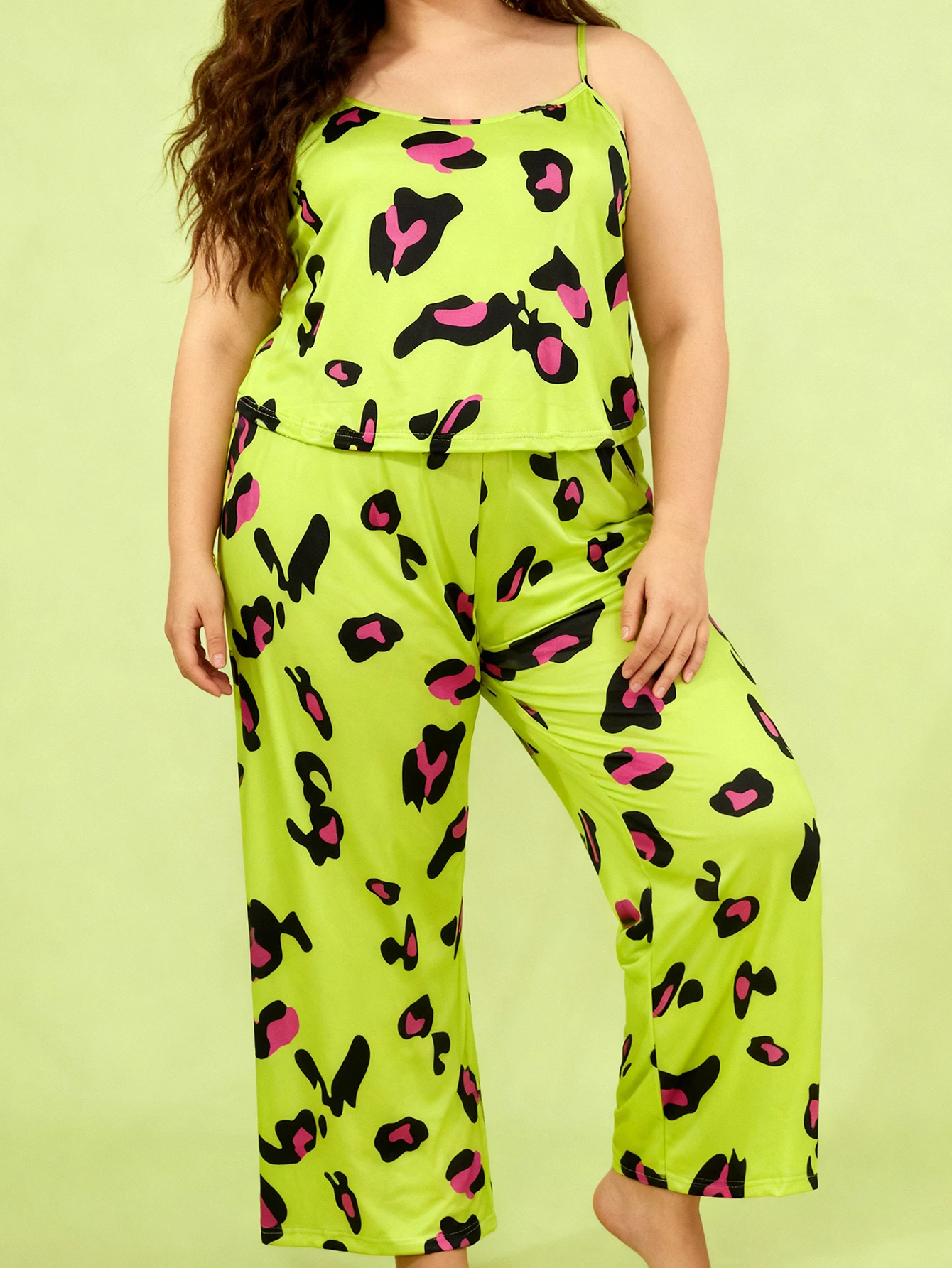 

Plus Size Women's Spring Summer Sexy Leopard Print Cami Top & Pants Pajamas Home Loungewear Set
