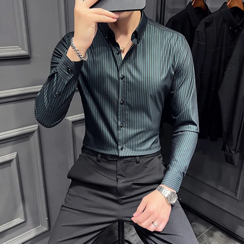 Handsome Striped Men\'s Shirt Long Sleeve Slim Fit Casual Business Dress Shirts High Quality Social Office Formal Shirt 2023