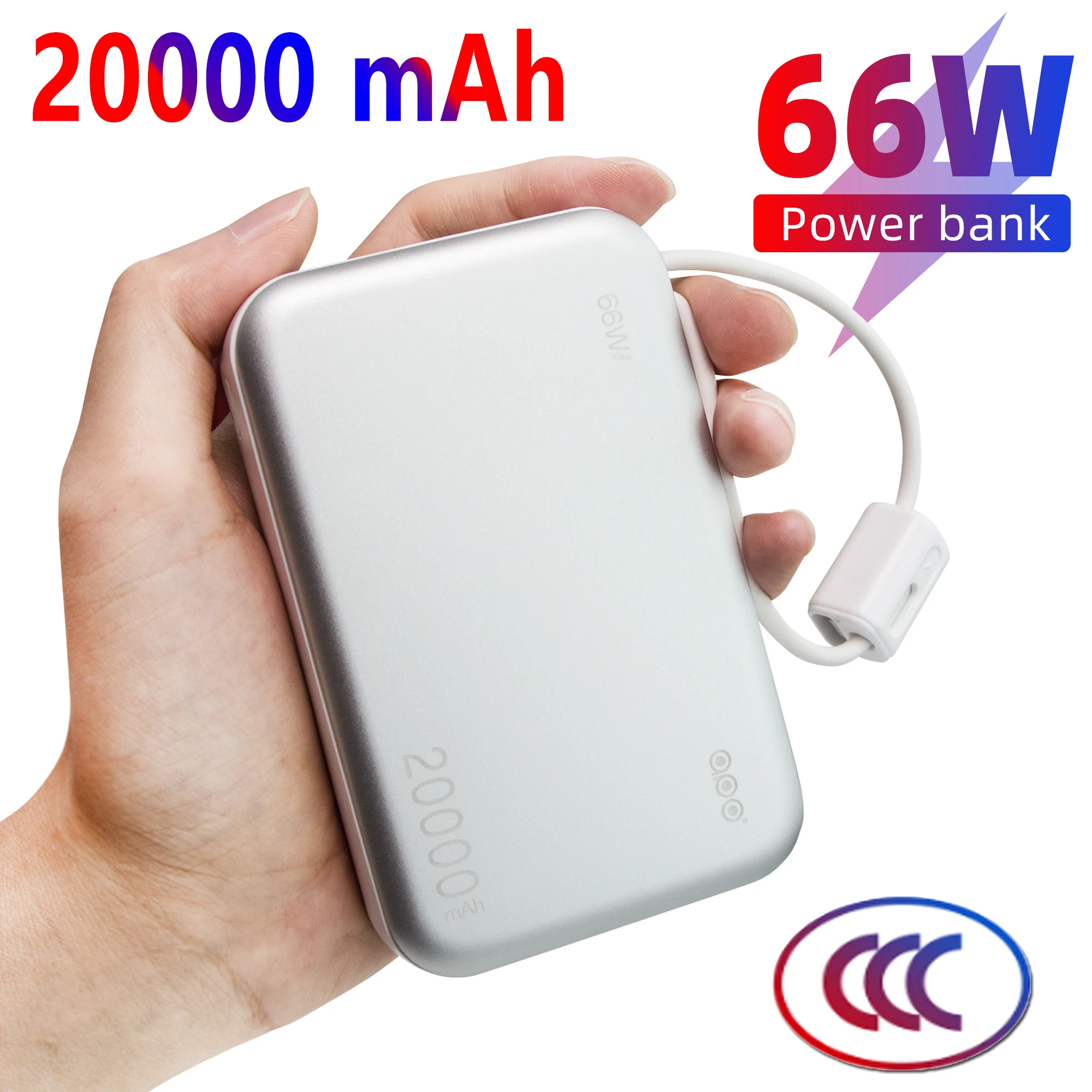 

66W Power Bank 20000mAh High Capacity PD 22.5W Fast Charging Powerbank Built-in Cables Rechargeable Batteries For iPhone Huawei