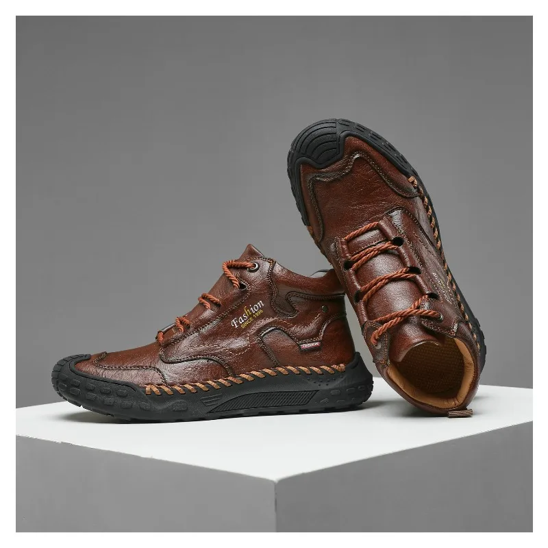 남성용 핸드 스티치 부츠 플러스 사이즈 캐주얼 스포츠 신발 편안한 부드러운 발목 부츠 야외 미끄럼 방지 남성 작업화