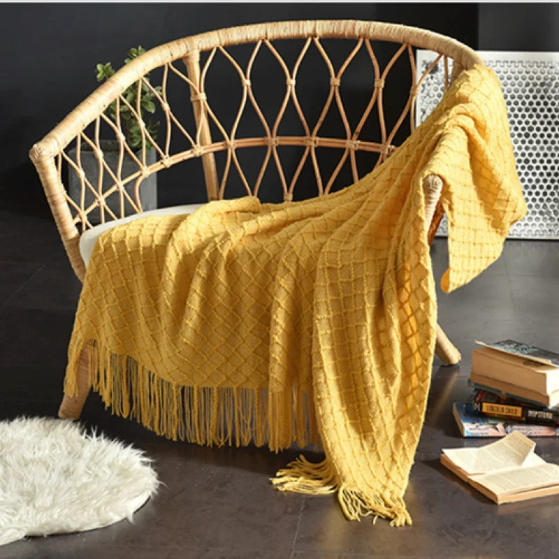 Mustard Yellow Textured Knit Throw Blanket Boho Diamond Pattern Sofa Cover with Fringe Cozy Chunky Cable Knit Bed Runner Decor