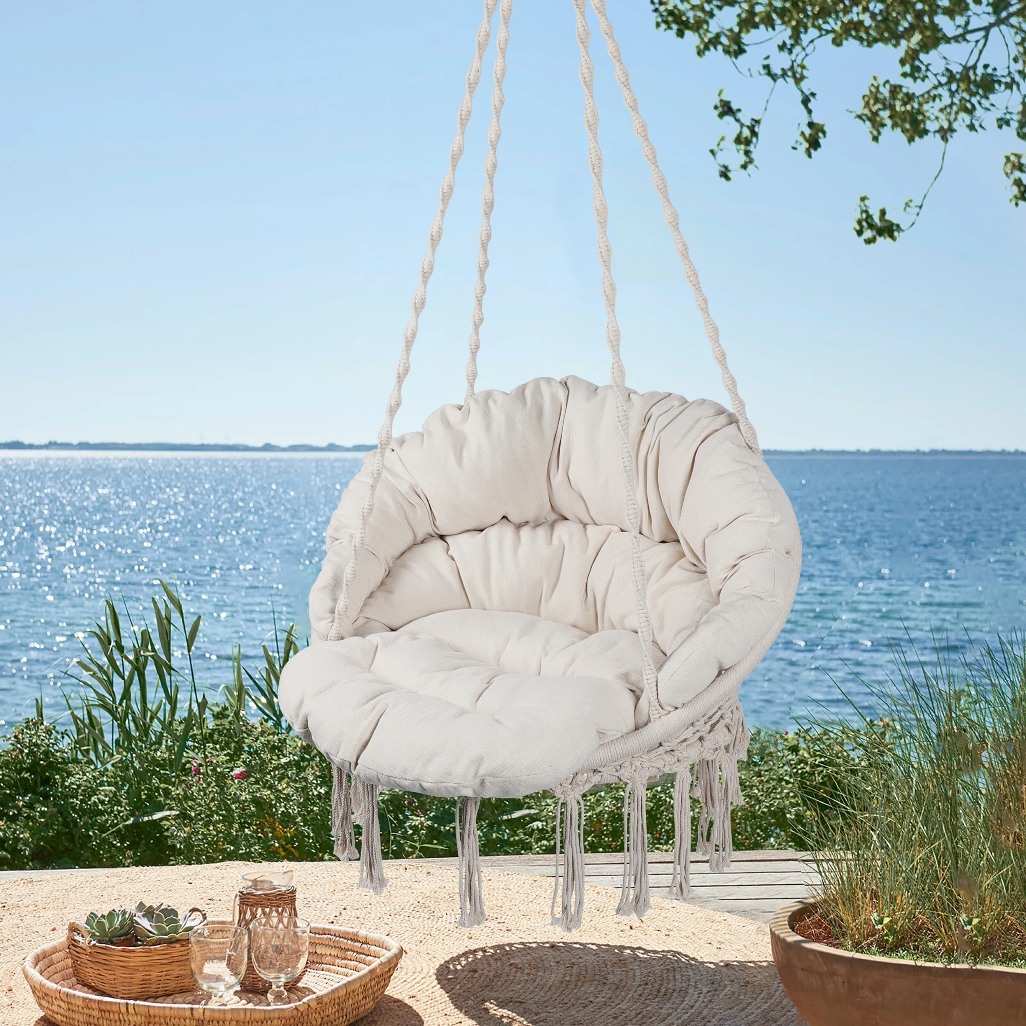 

Hammock Chair Macrame Swing Max 330 Lbs Hanging Cotton Rope Hammock Swing Chair for Indoor and Outdoor with Cushion