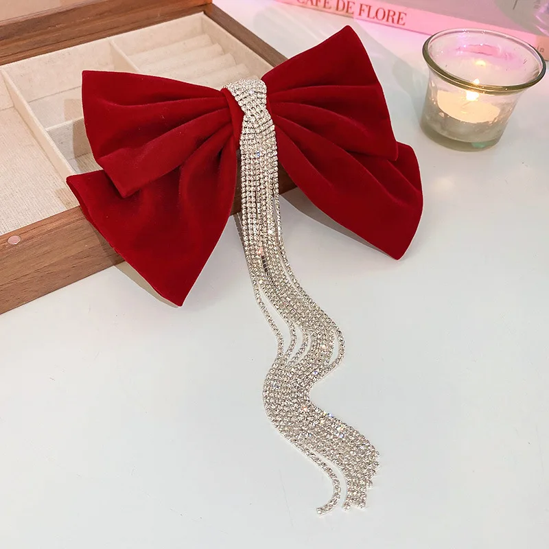 Black Red Velvet Bow Hair Pins Elegant Fabric Rhinestone Long Chain Hair Clips for Women Fashion Ponytail Heawear Accessories