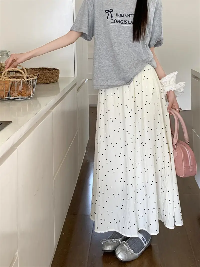 

plus Size Spring Summer Polka Dot A-Line Midi Skirt High Waist Long Dress for Pear Shaped Women Sweet Style Polyester Fiber
