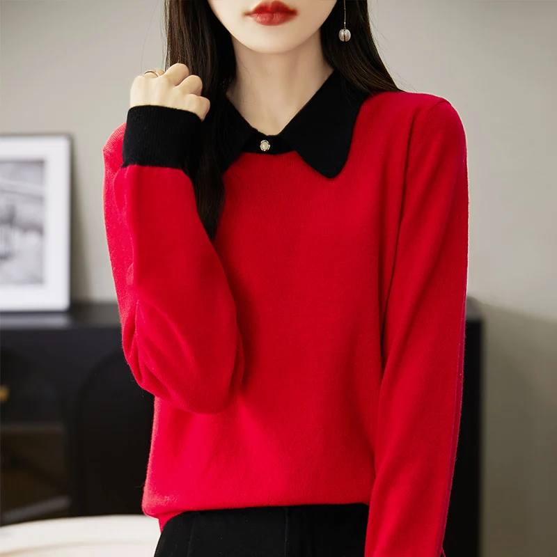 Women 100% Merino Wool Knit Pullovers 2022 Autumn Winter POLO Collar Sweater Female Loose Warm Soft Shirt Long Sleeve Jumper