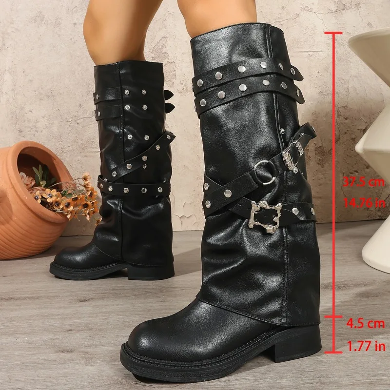 2026 Woman Boots Knee High Platform Chunky Heels Trend Punk Gothic New Rock Leather Fashion Women's Shoes Motorcycle Footwear
