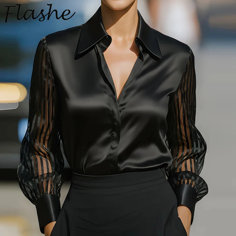 Fashion Women Long Sleeve Silk Shirt Black Turn Down Collar Button Blouse Women Office Tops Mesh See Through Sleeve Satin Shirt