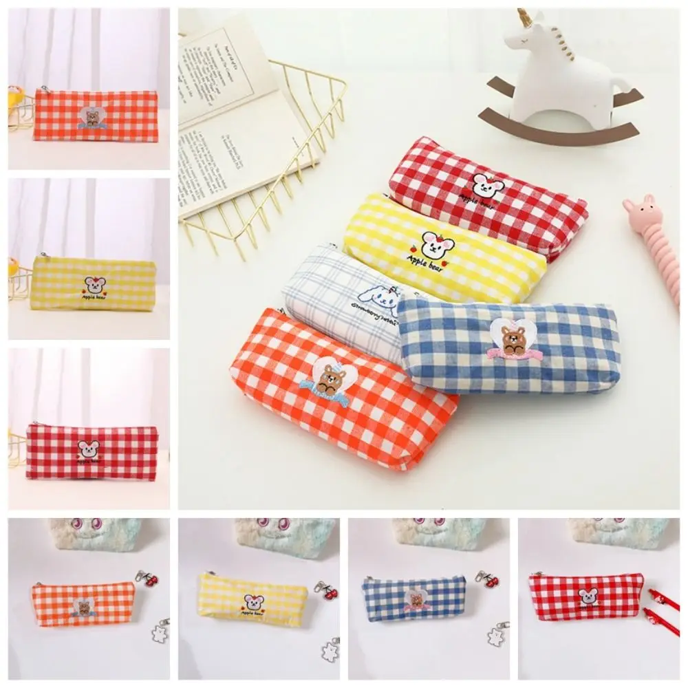 Cute Cartoon Embroidery Pen Bag Korean Ins Girl Heart Plaid Pencil Case Creative Salt Day System Stationery Storage Pouch Travel