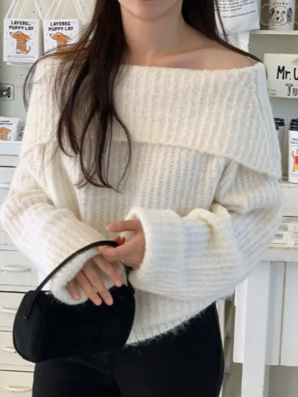 Coreano Sle Lazy Sle One oulder Long Sve Maglione lavorato a maglia da donna Inverno Faion Caldo allentato Dimagrante oulder Esposizione...