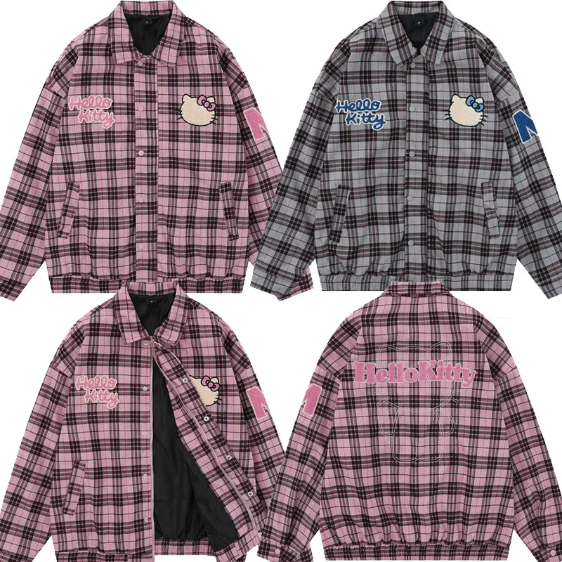 

Sanrio Kawaii Hello Kitty Lattice Jacket Japanese Sweet Preppy Lovers Baseball Uniform Fashion Clothes Loose Casual Coat Gift