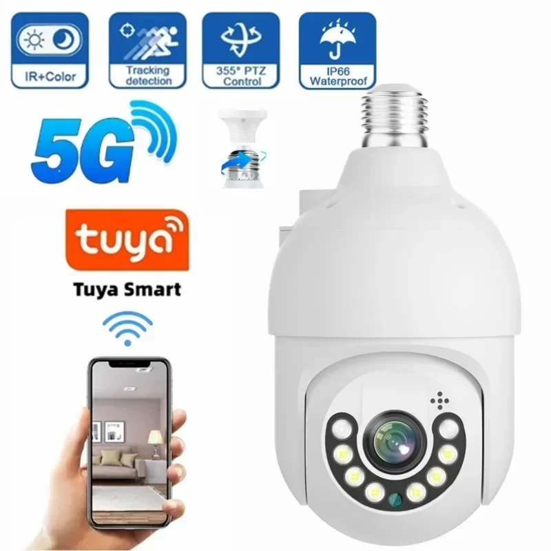 Câmera de Vigilância de Segurança Interna, Visão Noturna Colorida, Rastreamento Humano Automático, Zoom, WiFi, Lâmpada 5G, E27