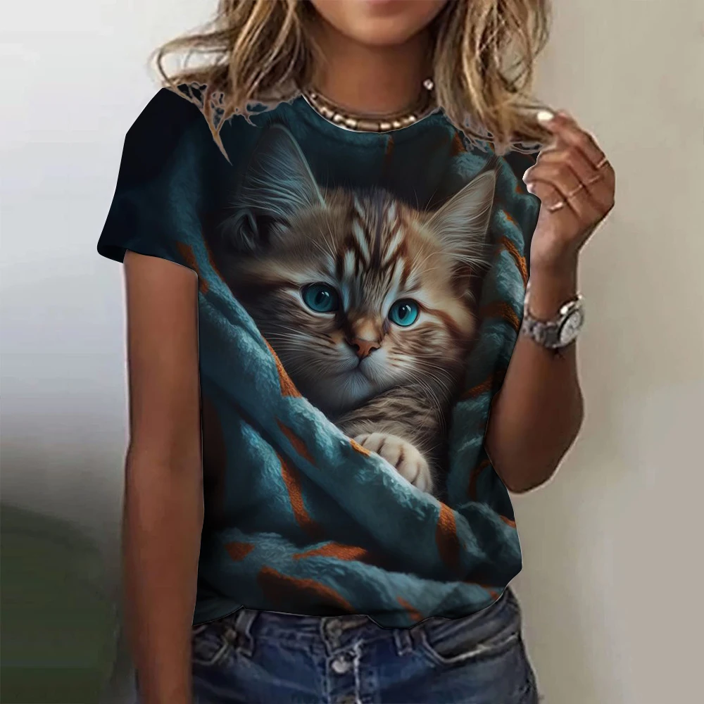 Fashion Women's T-shirt Animal 3D Print Kawaii Cat Graphic Tee Tops Summer Short Sleeve T Shirt Casual Wowen Top Design Clothes image 2