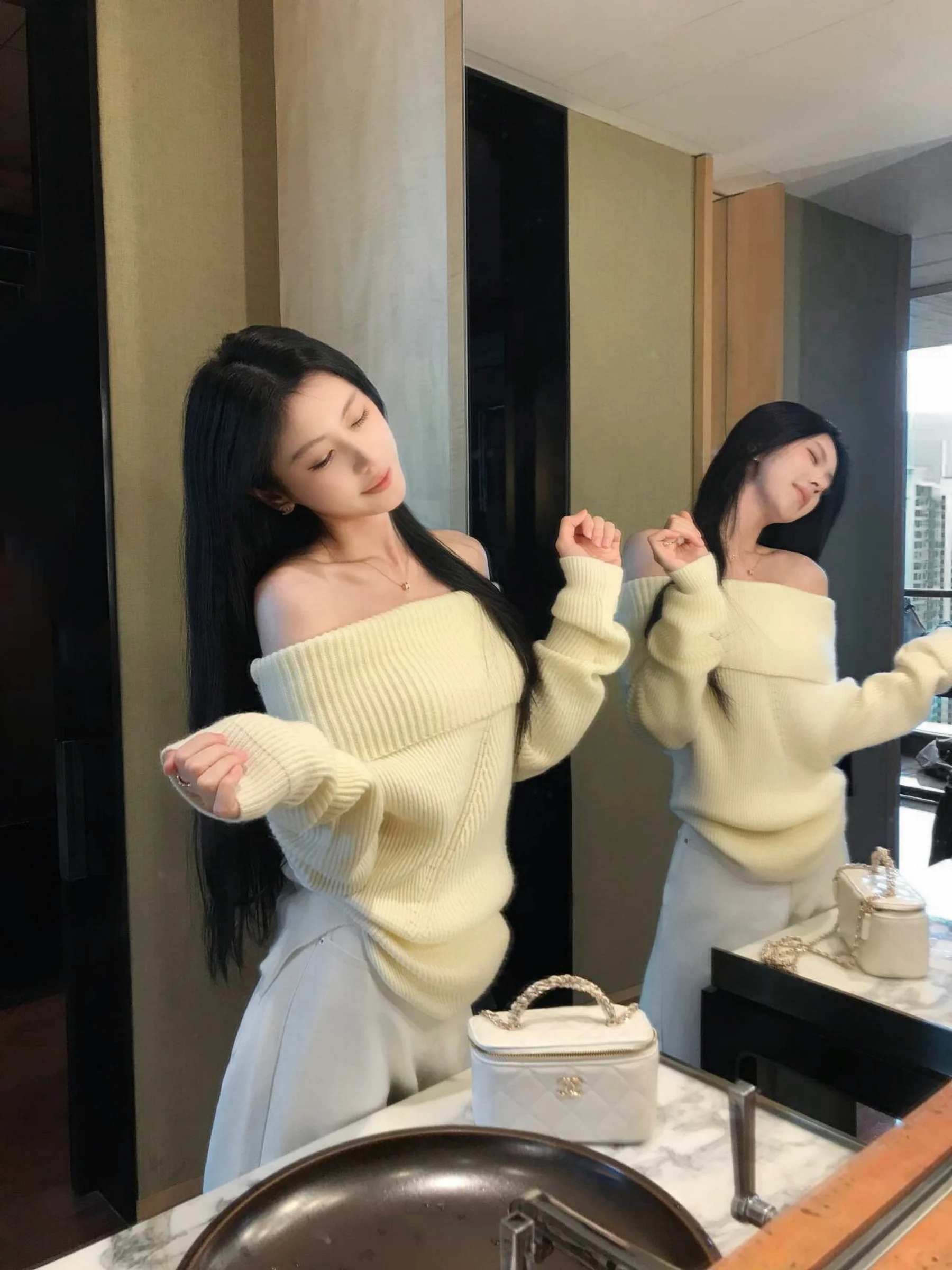 

5werkwen Lazy Heaven Di 3 Шерстяной вязаный свитер с одним открытым плечом и длинным рукавом, зимний, повседневный