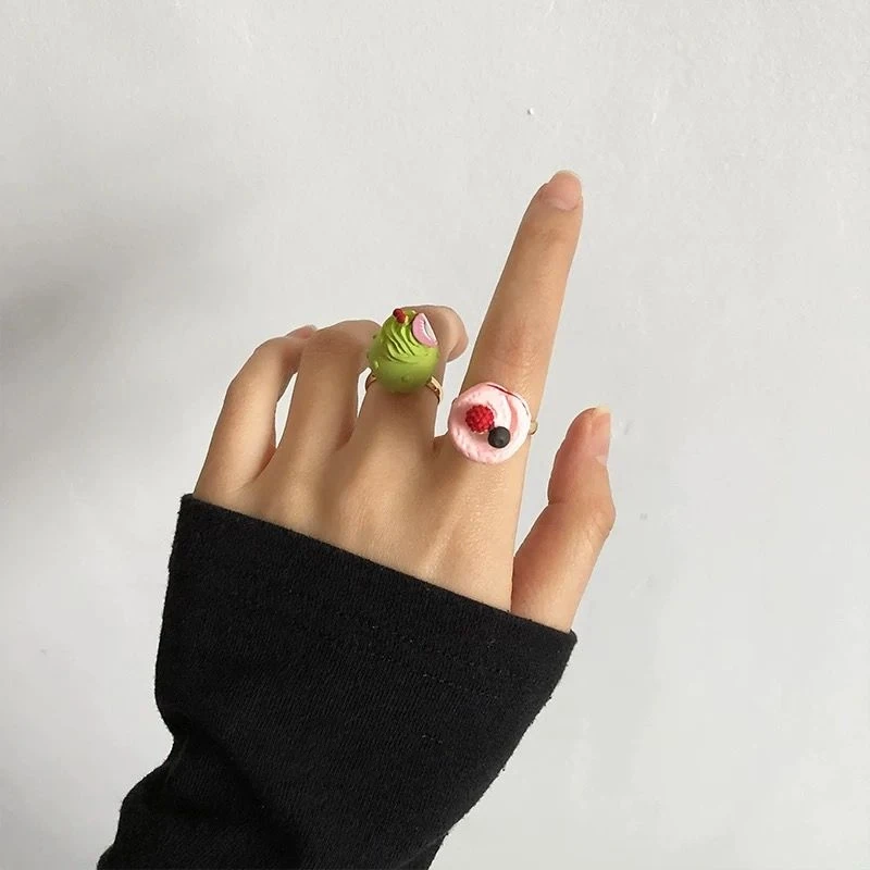 Cute Cream Chocolate Ring Lovely Cartoon Resin Strawberry Cake Ring Sweet Cake Shape Fruit Cake Ring Hand Ornament Jewelry